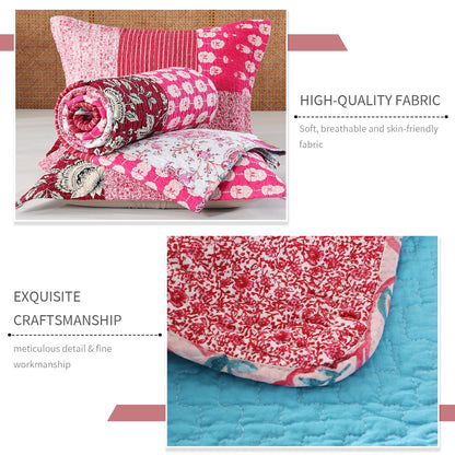 BOV Farmhouse Quilt Queen – 100% Cotton Patchwork Reversible Quilt Bedding Set, Pink Floral Cotton Quilt with Abstract Geometric Design, Bohemian Quilt Set with 2 Pillow Shams, Farmhouse Bedspreads