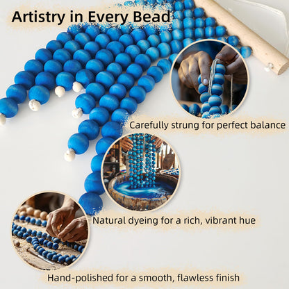 Wood Beads Small Tapestry 2 Pieces Blue Boho Wall Decor Art Western Rustic Hanging Macrame Decoration for Kids Girl Boy Room Nursery Bedroom Living Room Dorm Shelves Entryway
