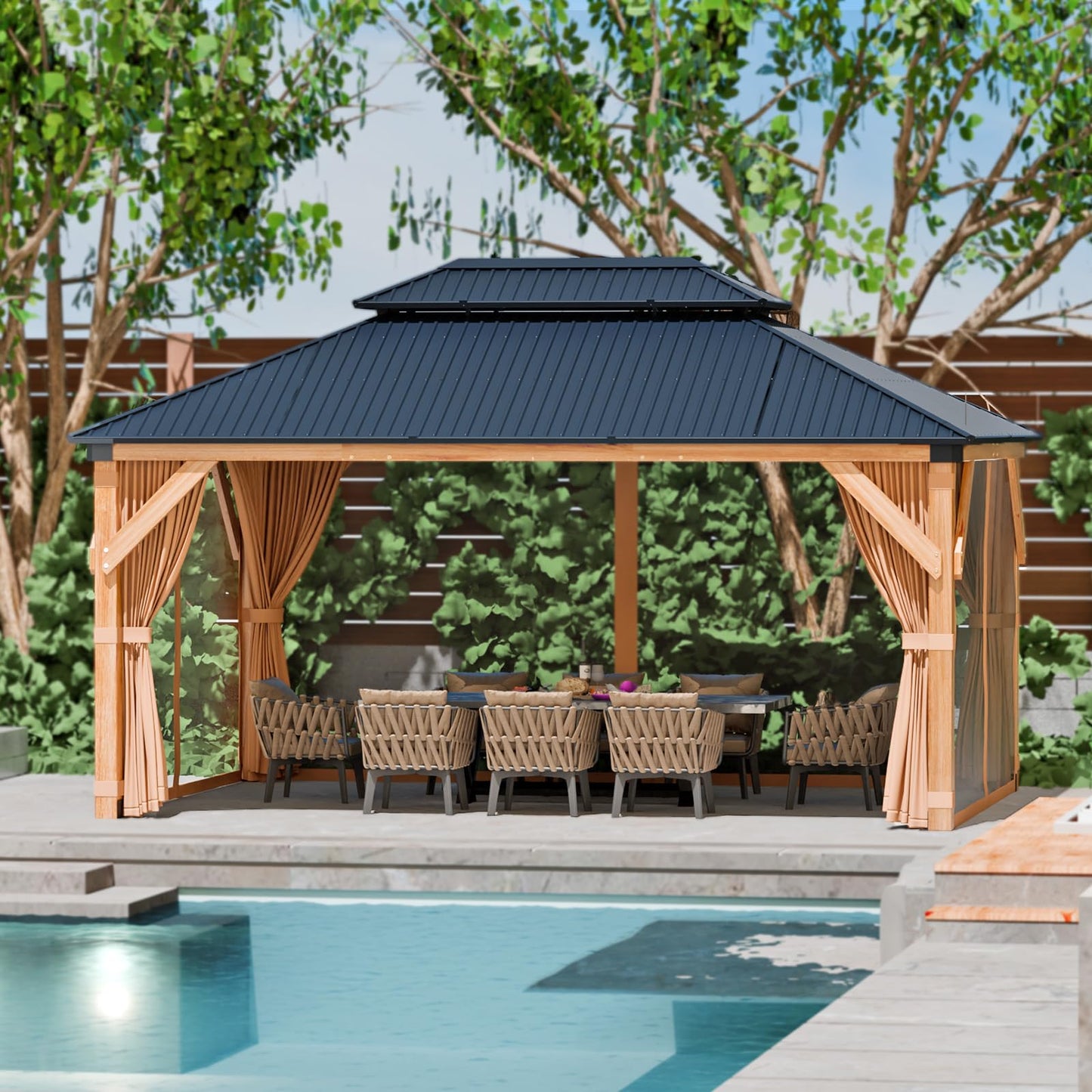 10x12 FT Hardtop Wooden Gazebo with Galvanized Steel Double Roof, Aluminum Frame, Mosquito Netting & Curtains – Durable Outdoor Pavilion for Patio, Backyard, Deck & Lawn