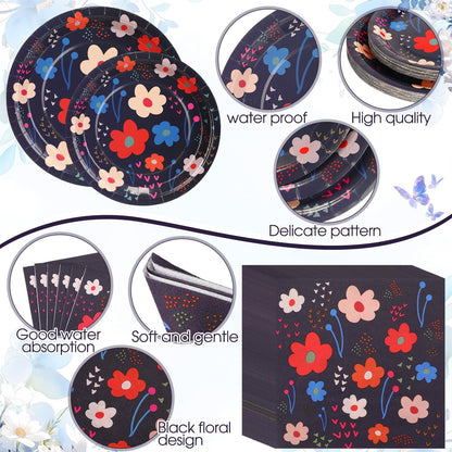 Blushtier 192 Pcs Flowers Paper Plates and Napkins Tableware Set Serves 24 Guests, Black Floral Birthday Party Supplies Disposable Plates Napkins Cups Plastic Knives Fork Spoons Party Decorations