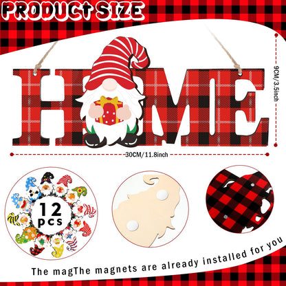 Purpeak 13 Pcs Interchangeable Gnome Home Sign Wooden 3D Christmas Winter Seasonal Door Decor Farmhouse Rustic Home Decoration for Holiday Wall Decor Gift(Red, Black)