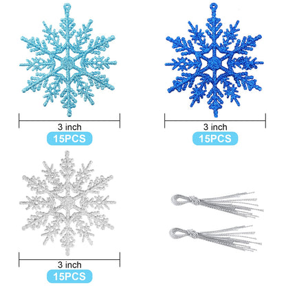 Whaline 45Pcs Winter Snowflake Hanging Ornament mas Glitter Blue Silver Pendant with String for Christmas Tree Winter Wonderland Holiday Party Decor