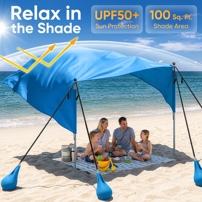 MoKo Beach Shade Canopy, 100 Sq.Ft. Wind-Supported Sunshade Sail for 4-6 People, Lightweight Easy Setup Beach Tent with UPF 50+ Sun Protection for Family Travel Coastal Trips