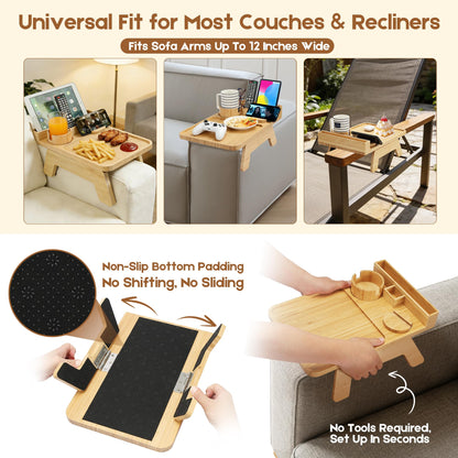 Premium Bamboo Sofa Arm Tray - Couch Armrest Table with Cup Holder, Phone Stand & Storage Compartment, Non-Slip Snack Tray for Living Room, Bedroom, Fits Most Sofa Armrests