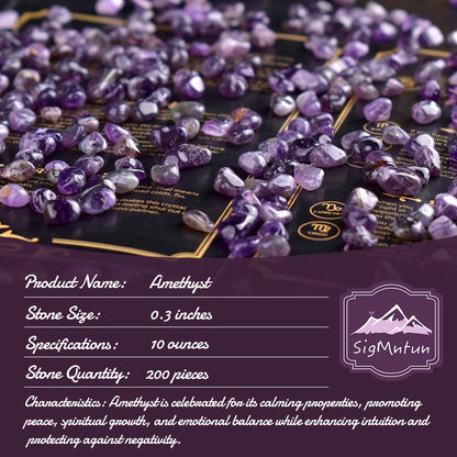 SigMntun Polished Amethyst Crystal Chips 200 Pcs - 0.3" 10 oz Tumbled Stone Chips Crushed Sea Glass Stones Healing Reiki Crystal Making Home Decoration