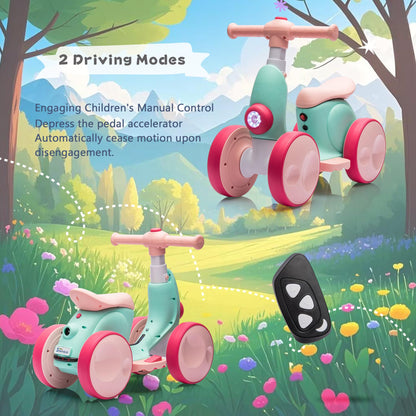 6V Electric Baby Balance Bike for 1 Year Old Boys Girls Ride on Toys 12-36 Months Toddler Balance Bike, 4 Wheels Kids First Bike with Remote Control First Birthday Gifts- Green&Red