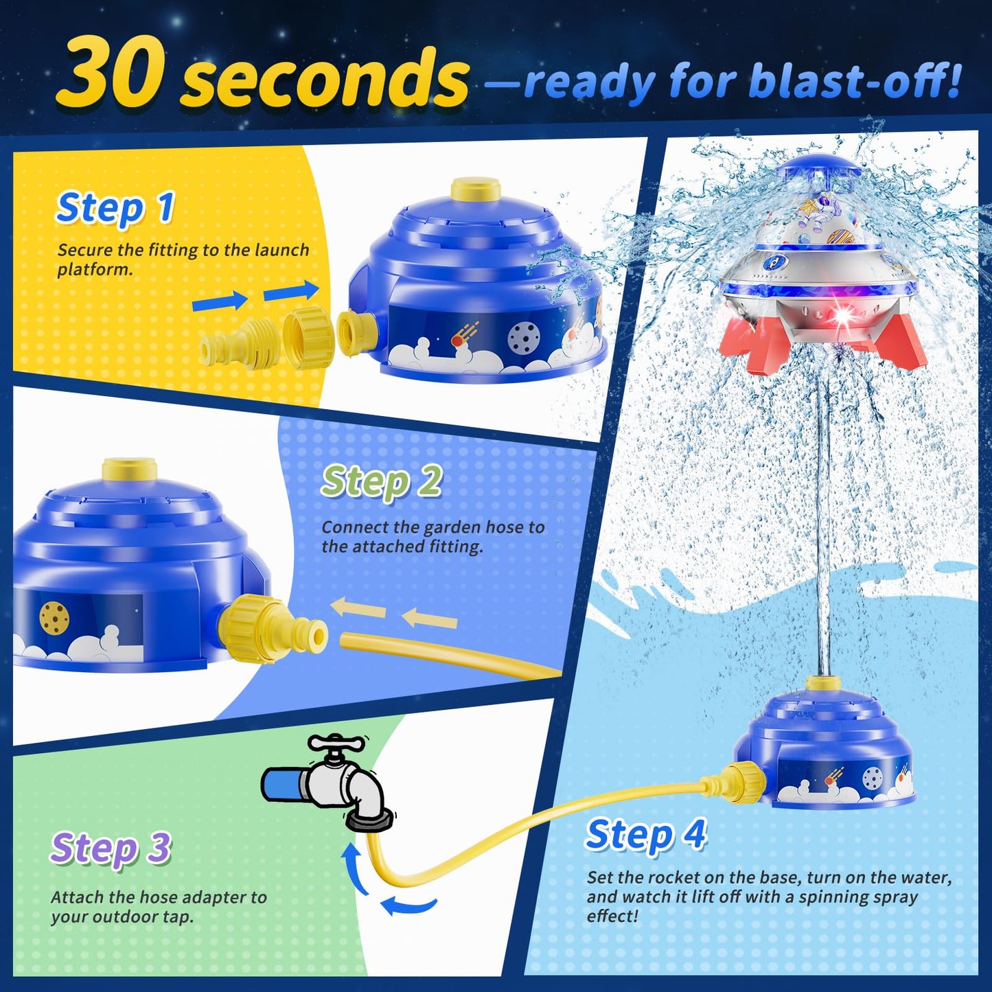 JOI MEW UFO Water Sprinkler for Kids, Water Rocket Toy Outdoor Summer Play W/Light & Spin, Adjustable Height Water Launcher, DIY Space Sticker, Backyard Lawn Gift for Girls Boys 3-12 Year Old Blue