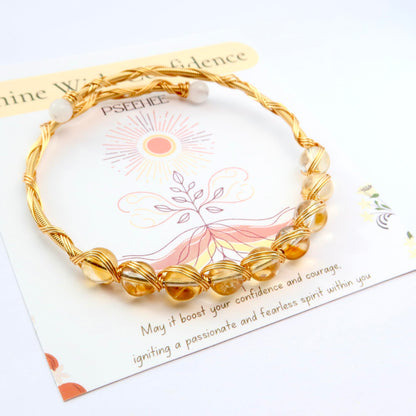 Handmade Genuine Citrine Crystal 14k Gold Filled Wire Wrapped Bracelet, Birthstone Chakra Healing Gemstone Crystal Beads Adjustable Bangle Cuff Jewelry Gift for Women