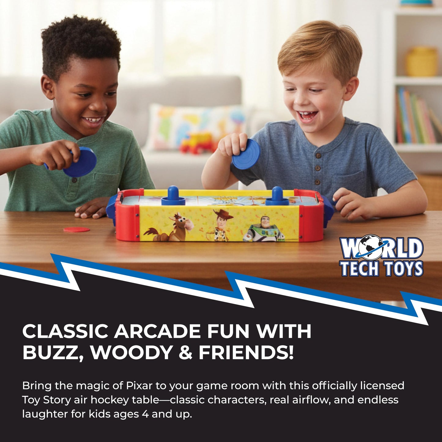 World Tech Toys Toy Story Air Hockey Table for Kids - Buzz & Woody Tabletop Game with Puck, Pushers & Air Flow System - Disney Pixar Licensed - Kids 4+