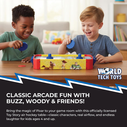 World Tech Toys Toy Story Air Hockey Table for Kids - Buzz & Woody Tabletop Game with Puck, Pushers & Air Flow System - Disney Pixar Licensed - Kids 4+