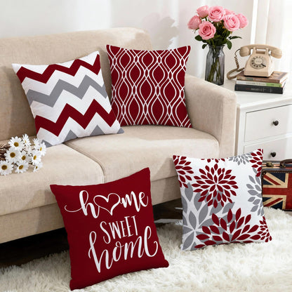 Hexagram Geometric Burgundy Pillow Covers 18x18 Set of 4, Decorative Outdoor Boho Modern Throw Pillow Covers, Home Sweet Home Farmhouse Cushion Case for Couch Sofa Bedroom Indoor Decor(No Insert)