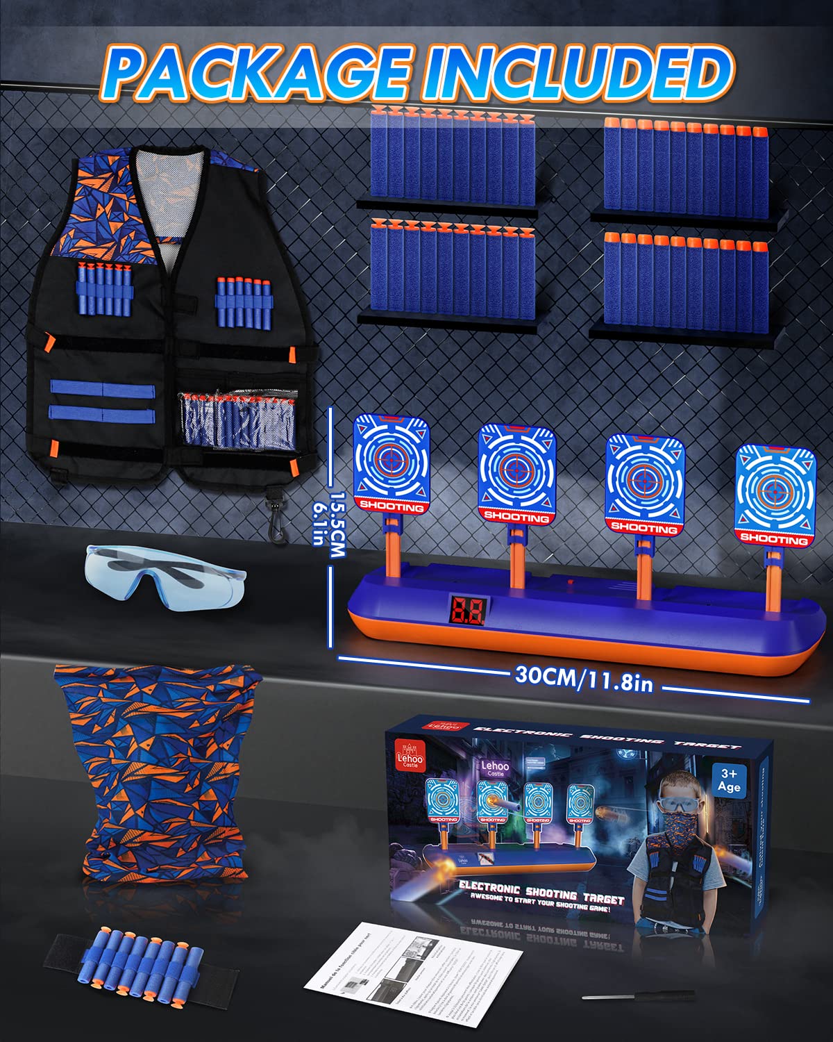 Lehoo Castle Electronic Shooting Targets, Digital Target for Nerf Guns with Auto-Reset, Scoring Shooting Games Includes Kids Tactical Vest, 60 Bullets, Glasses, Gift Toy for Kids Boys Girls