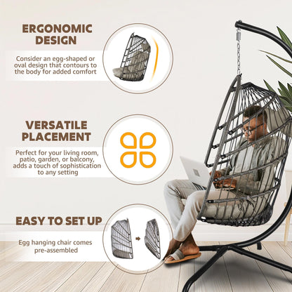 Chihee Egg Chair Foldable Wicker Rattan Hanging Swing Chair Indoor Outdoor Patio Wicker Chair Hammock Chairs with Stainless Steel Hanging Kit Chain Link UV Resistant Cushion Bedroom Balcony