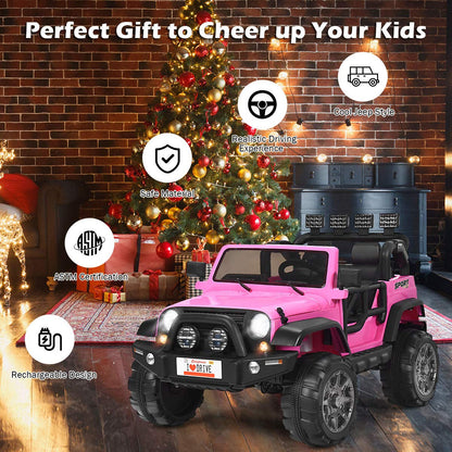 Costzon 2-Seater Ride on Truck, 12V Battery Powered Electric Vehicle Toy w/Storage, Remote Control, 3 Speed, LED Lights, MP3, Horn, Music, 2 Doors Open, Spring Suspension, Ride on Car for Kids (Pink)