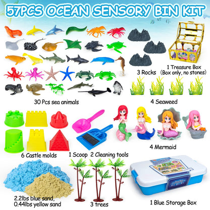 Bloolilies Sensory Bin, 57Pcs Ocean Mermaid Sensory Bins for Toddlers Sand Art Kit Sea Animals Molds Sandbox with Cover, Kids Play Sand Toys Playsand Birthday Gift for Boys Girls 3-5 6 7 8