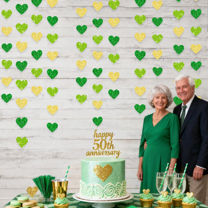 Gold and Green Heart Party Decorations Glitter Paper Love Heart Hanging Banner Streamer Garland for Birthday Wedding Valentines Day Spring Master Golf St Patrick's Day Christmas Holiday Party Supplies