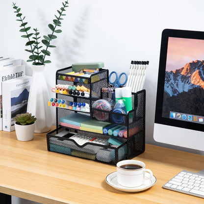 M&G Mesh Pen Holder for Desk, Multi-Functional Pencil Holder with Drawer Desk Organizer, Large Capacity Office Desk organizers and Accessories (Black)