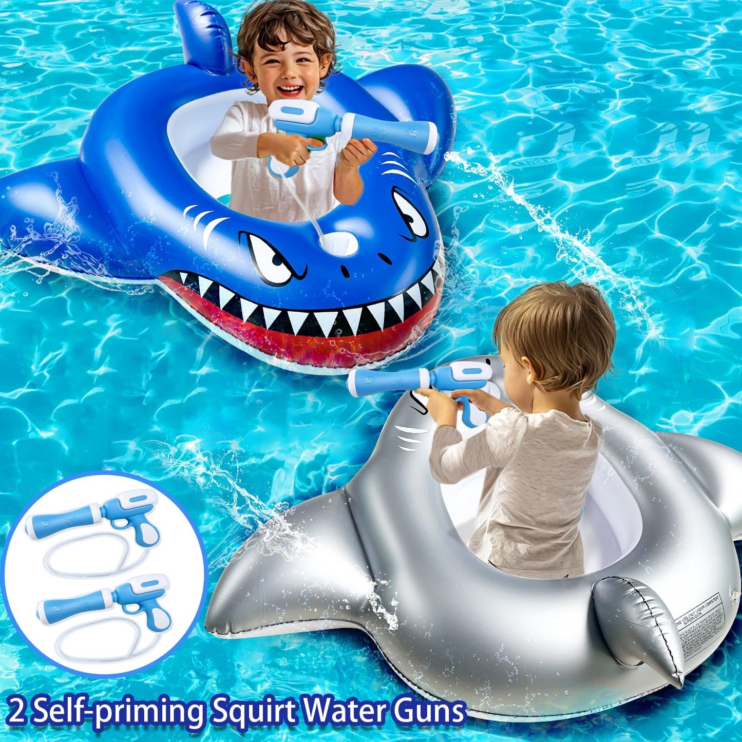 2 Pack Inflatable Shark Pool Floats Kids 3-11 Years, Kids Floaties Swimming Pool Toys with 2 Water Squirt Guns Boys Girls Party Float Ride-on Toddler Floatie with Safety Seat Summer Outdoor Water Game