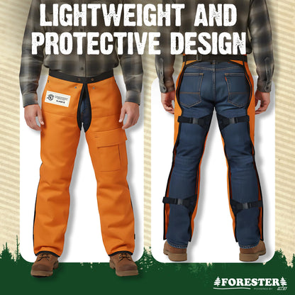 FORESTER Chainsaw Chaps for Men & Women | Apron Style Men's Chain Saw Chaps with Pocket & Adjustable Waist | Chainsaw Safety Equipment | Orange 37"