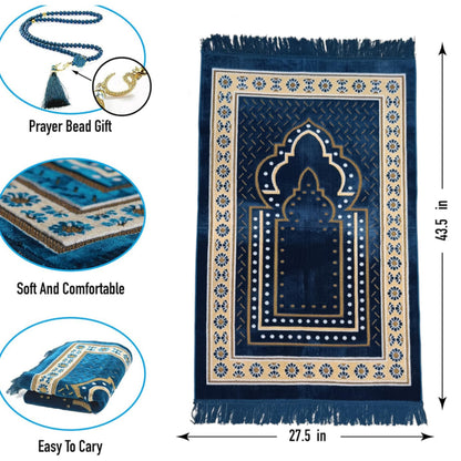 Prayer Mat Rug for Muslim Men, Women or Kids, Portable Praying Mat and Prayer Beads Sets for Islamic Gifts – Muslim Prayer Rug For Ramadan, Umrah, Hajj - Turkish Rug for Meditation and Worship (BLUE)