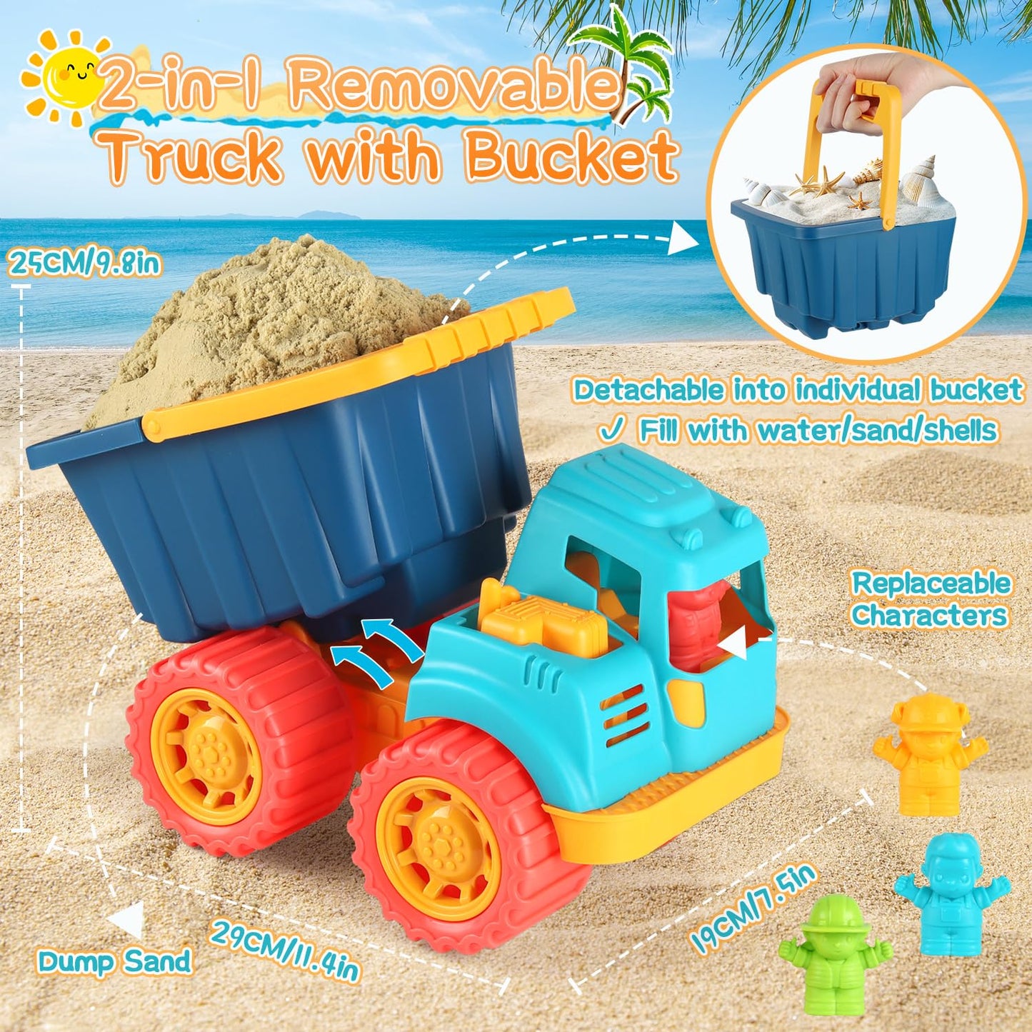 Elovien Beach Sand Toys, Large Dump Truck with Bucket, Sandbox Construction Toy Sand Castle Building Kit with Mesh Bag, Sand Molds, Shovels, Worker Figures, Kids Toddlers Summer Outdoor Travel Toys