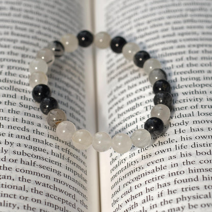 Crystal Agate Bracelets - Manifestation Bracelet - Natural Black Rutile Beaded Stretch Bracelet 8mm - Unisex Adult Yoga Bracelet - White-Black