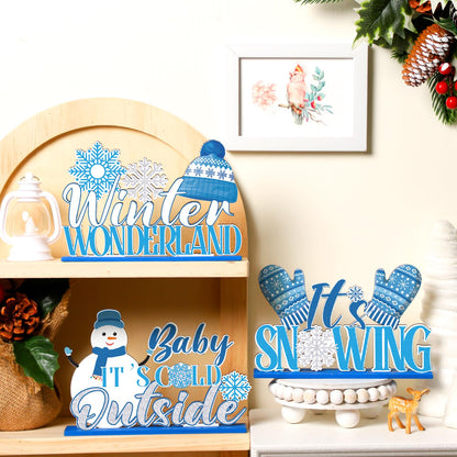 Suzile 6 Pcs Winter Wooden Table Decorations Snowflake Snowman Wooden Centerpieces for Party Winter It's Snowing Theme Christmas Birthday Party Baby Is Cold Outside Supplies