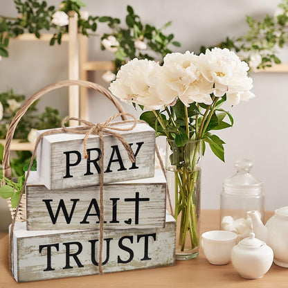CroBlissful 4 Pcs Farmhouse Wooden Tabletop Decor Bible Verse Decorative Sign Inspirational Religious Christian Table Decor Pray Wait Trust Centerpiece Easter Gifts for Home Kitchen Shelf Mantle