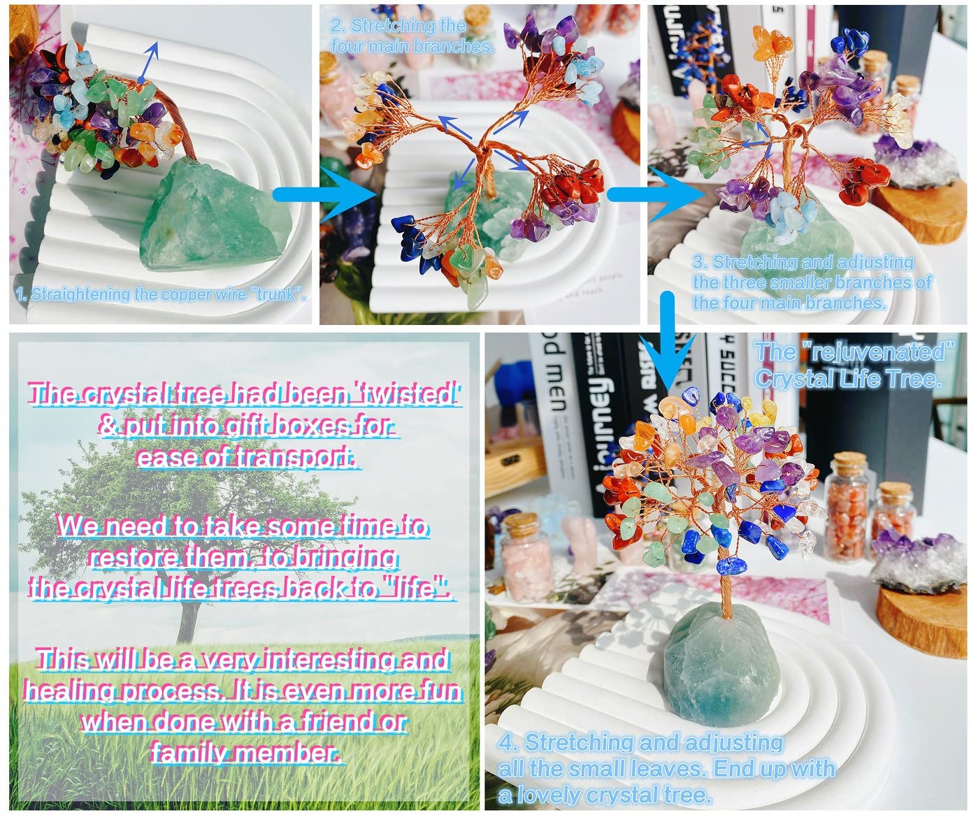 QINJIEJIE Amazonite Healing Crystal Tree Decor Natural Stone Gemstone Room Office Desk Decor Crystals Base Copper Wire Money Tree of Life Spiritual Decorations Home Meditation Yoga Gift for Women