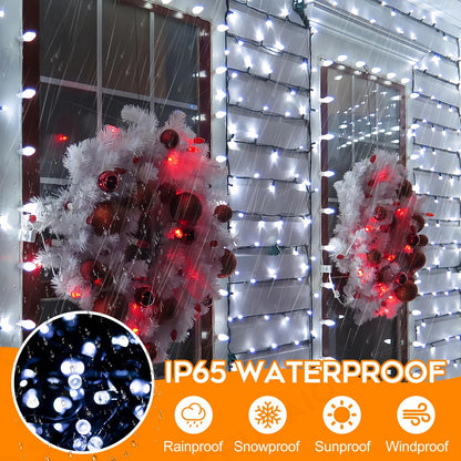 Battery Operated Christmas Lights Outdoor, 33 FT 100 LED Mini String Lights with Timer and 8 Modes, Green Wire Xmas Waterproof String Lights for Tree Xmas Indoor Holiday Party Garden Decor, Cool White