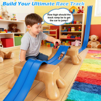 Flexible Race Track Toys for Kids, 15 Ft Flex Tracks Starter Set with Strong Suction Cups - Compatible with Hot Wheels and Diecast 1/64th Cars, Rolls up Portable Race Car Ramp Track (Blue)
