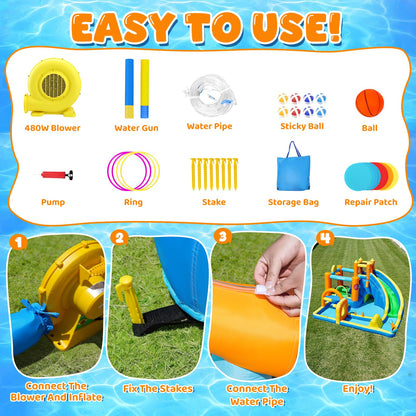 FINCOME Inflatable Bounce House with Water Slide, Kids Bouncy Castle with 480W Blower Slide Steeplechase Jumping Climbling Ring Toss Ball Hoop, Outdoor Indoor Bouncing House for Birthday Party Holiday