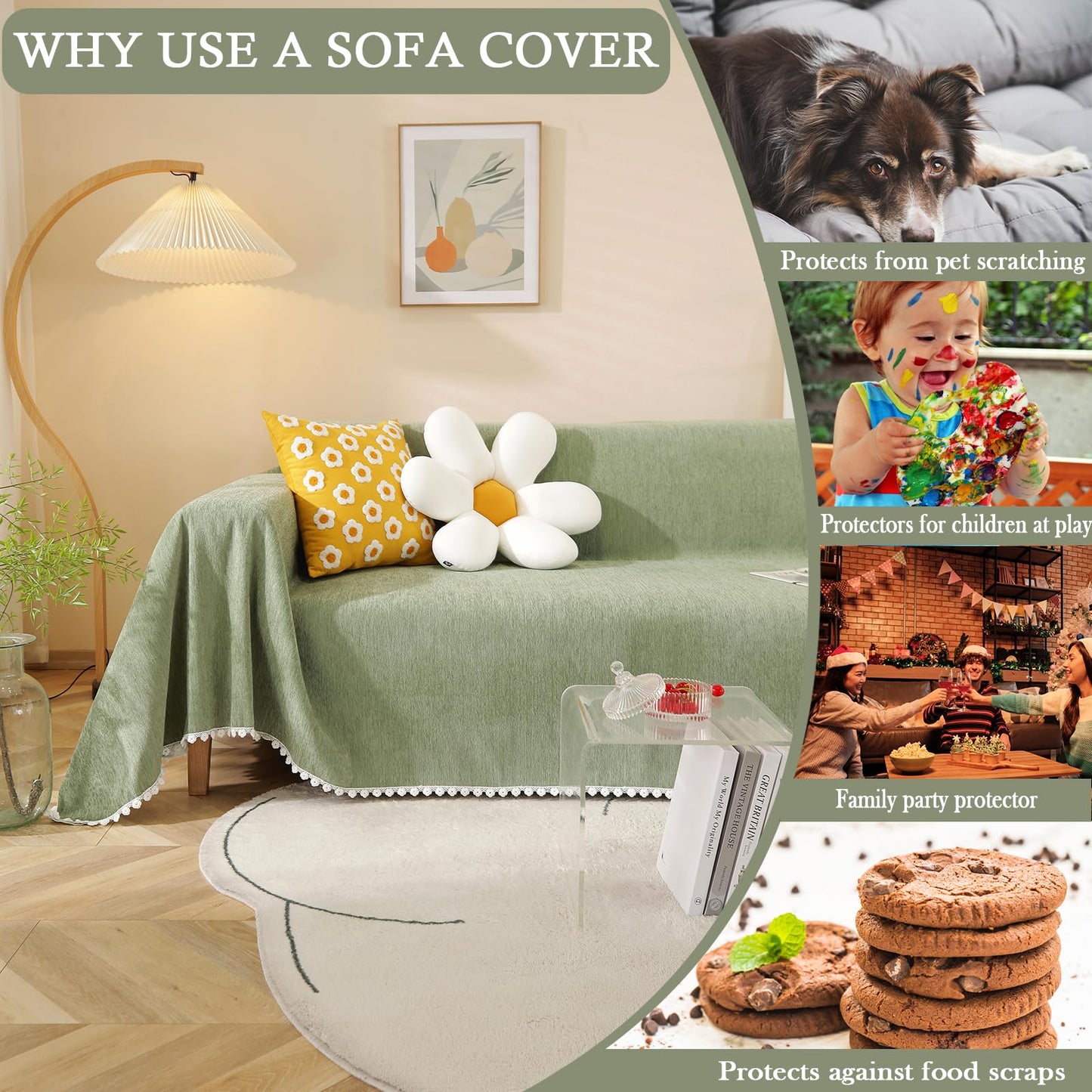 HANDONTIME Couch Cover, Sofa Covers, Sage Couch Cushion Cover Dog Furniture Protector for Living Room Chenille Couch Throw Cover Soft Thick Machine Washable Throw Blankets Sofa Slipcovers, 71" X150"
