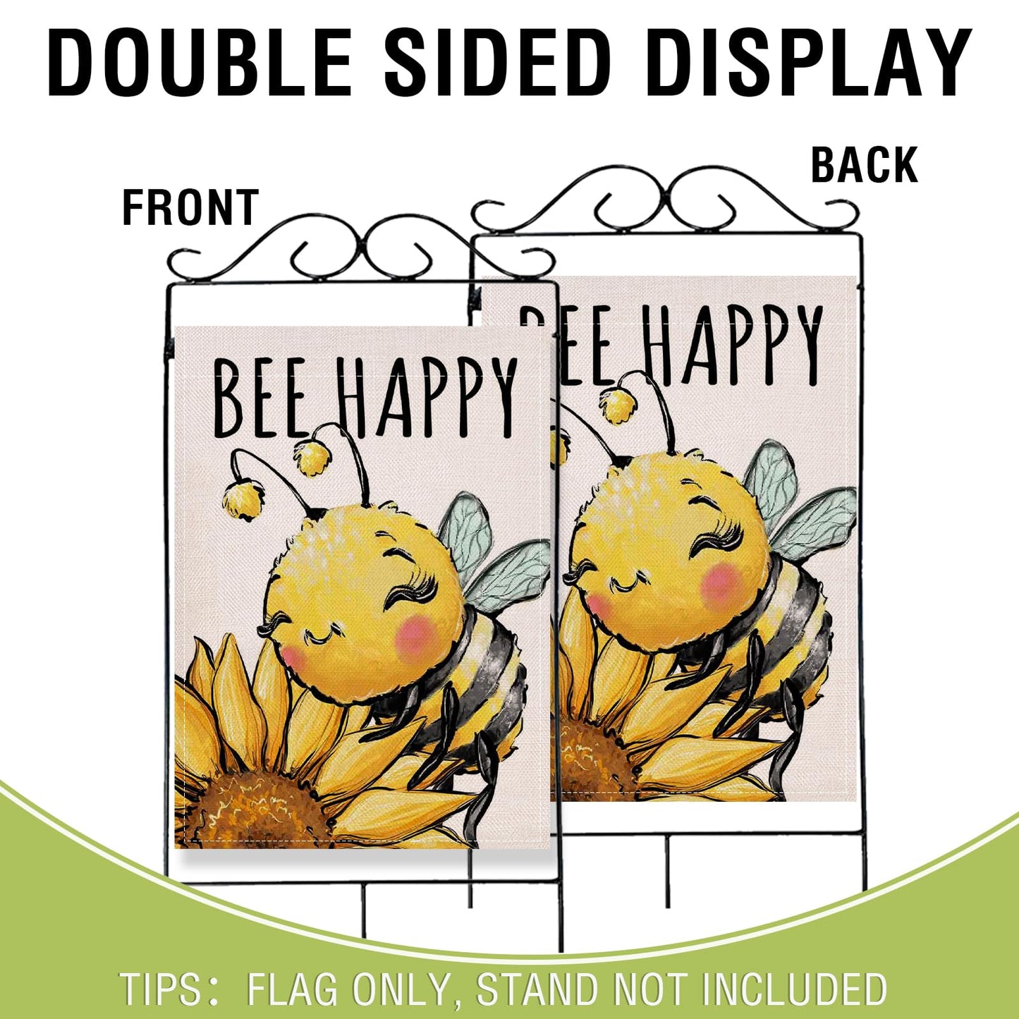 Artofy Spring Summer Bumble Bee Sunflower Large Decorative House Flag, Bee Happy Flower Floral Yard Garden Outside Decor, Honeybee Seasonal Burlap Outdoor Home Decoration Double Sided 28 x 40