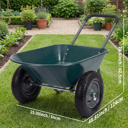 Garden Wheelbarrow Cart, Heavy Duty Utility Cart with Dual Wheels and Built-in Stand, Iron and Plastic Yard Cart for Home, Lawn and Garden