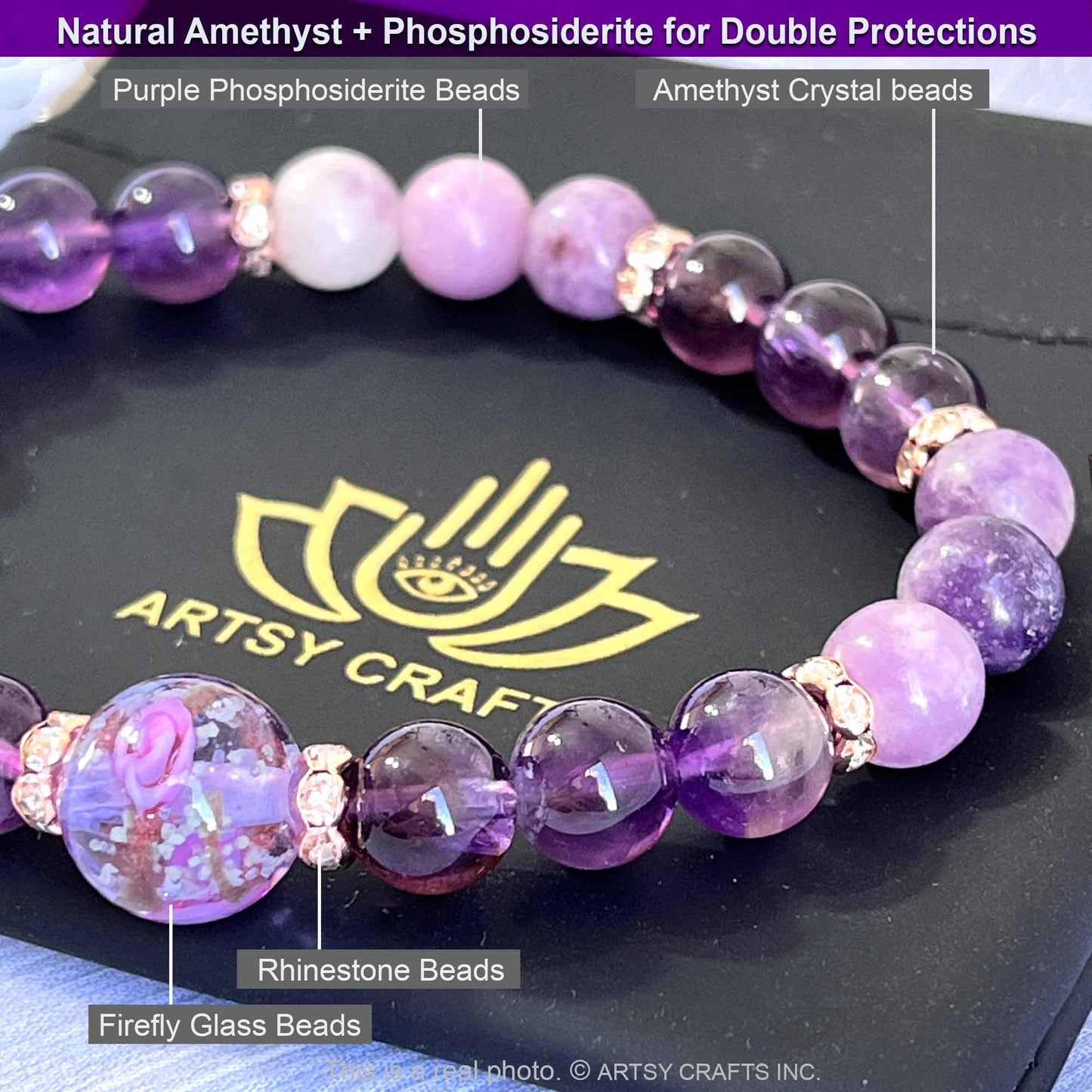 ARTSY Crafts Glow in The Dark Firefly Beads Bracelet, Handmade in USA, Luminous Murano Glass Beads Jewelry Mermaid Crystals Inspirational Gift (Amethyst - Stretch)