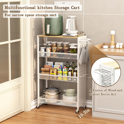 Utility Slim Storage Cart 4 Tier Small Rolling Kitchen Laundry Room Organization Cart with Wood Top Metal Narrow Laundry Room Shelves Cabinet Unit Laundry Organizer Trolley with Handle for Small space