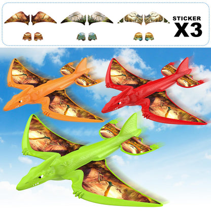 Onysurui 3 Pack Dinosaur Airplane Launcher Toys,Flying Toys for 3 4 5 6 7 8 9 10 Year Old Boys,Kids Toys 5 6 7 8 9 10 12 Year Old Boy Gift Ideas,Airplane B-Day Party Supplies, Green,Orange,red