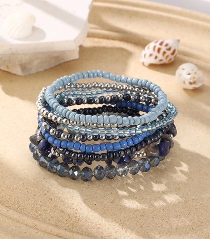 Noessla Boho Beaded Bracelets for Women Stackable Irregular Natural Stone Bead Stretch Bracelet Set 8PCS Costume Jewelry Gifts for Her(Navy Blue)