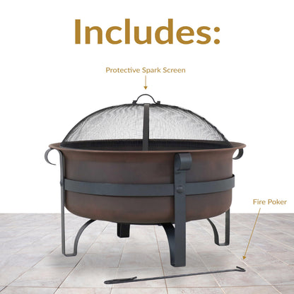 Sunnydaze 29-Inch Wood-Burning Outdoor Fire Pit - Bronze Cauldron Wood Fire Pit for Outside - Includes Poker and Spark Screen