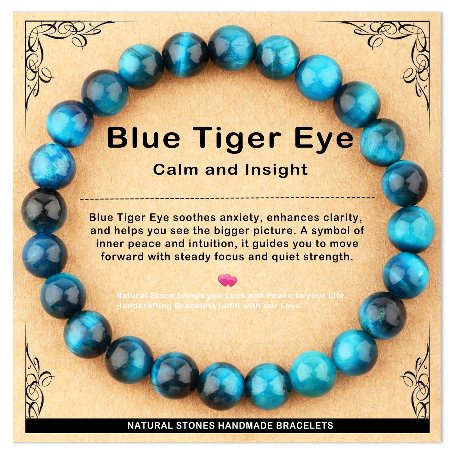 AD Beads 8mm Handmade Blue Tiger Eye Elastic Bracelet – Natural Gemstone for Calm and insight – Meditation, Yoga, Healing and Energy Gift for Men Women