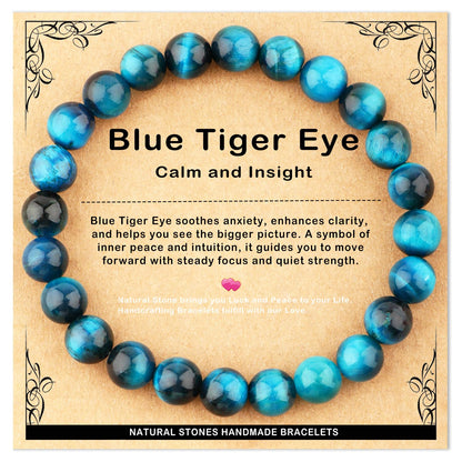 AD Beads 8mm Handmade Blue Tiger Eye Elastic Bracelet – Natural Gemstone for Calm and insight – Meditation, Yoga, Healing and Energy Gift for Men Women