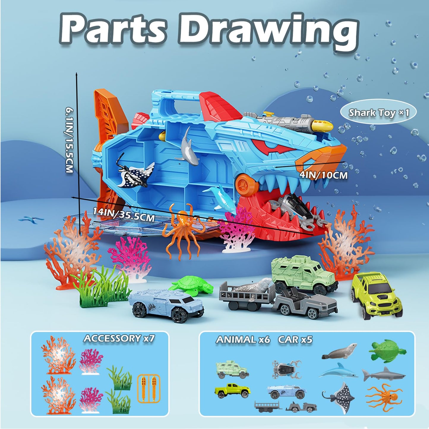 Frontoytall Shark Toy & Deep Sea Creatures Ocean Animal Toys with Truck Cars, 18 Piece Educational Playset for Kids Ages 3+ Years Old, Indoor & Outdoor Play, Preschool Learning Bath for Boys Girls