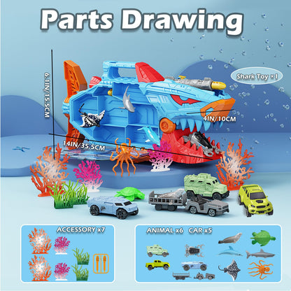 Frontoytall Shark Toy & Deep Sea Creatures Ocean Animal Toys with Truck Cars, 18 Piece Educational Playset for Kids Ages 3+ Years Old, Indoor & Outdoor Play, Preschool Learning Bath for Boys Girls