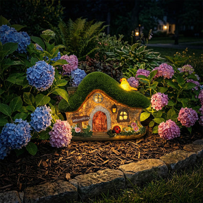 EKQ Resin Fairy House Statues with Solar Lights Outdoor for Garden Decor Funny Birds Ladybird Flocked Fairy House with Garden Figurine Patio Yard Lawn Decorations Gift for Mom Women (Green)
