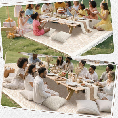 Beeveer Extra Large Outdoor Boho Picnic Blanket 181'' x 71'' Beige White Table Runner 6 Throw Pillow Cover Woven Cotton Yarn Oversize Beach Blanket Washable for Picnic Camp Wedding