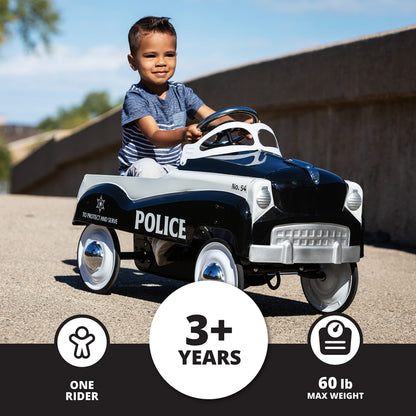 Kid Trax Classic Police Car Toy, Kids Police Car Ride-On, Toddler Pedal Car, Durable Steel, Easy Assembly, Indoor/Outdoor, 60lbs Max, Interactive, Boys/Girls, Black, Steering Wheel, Outdoor Play