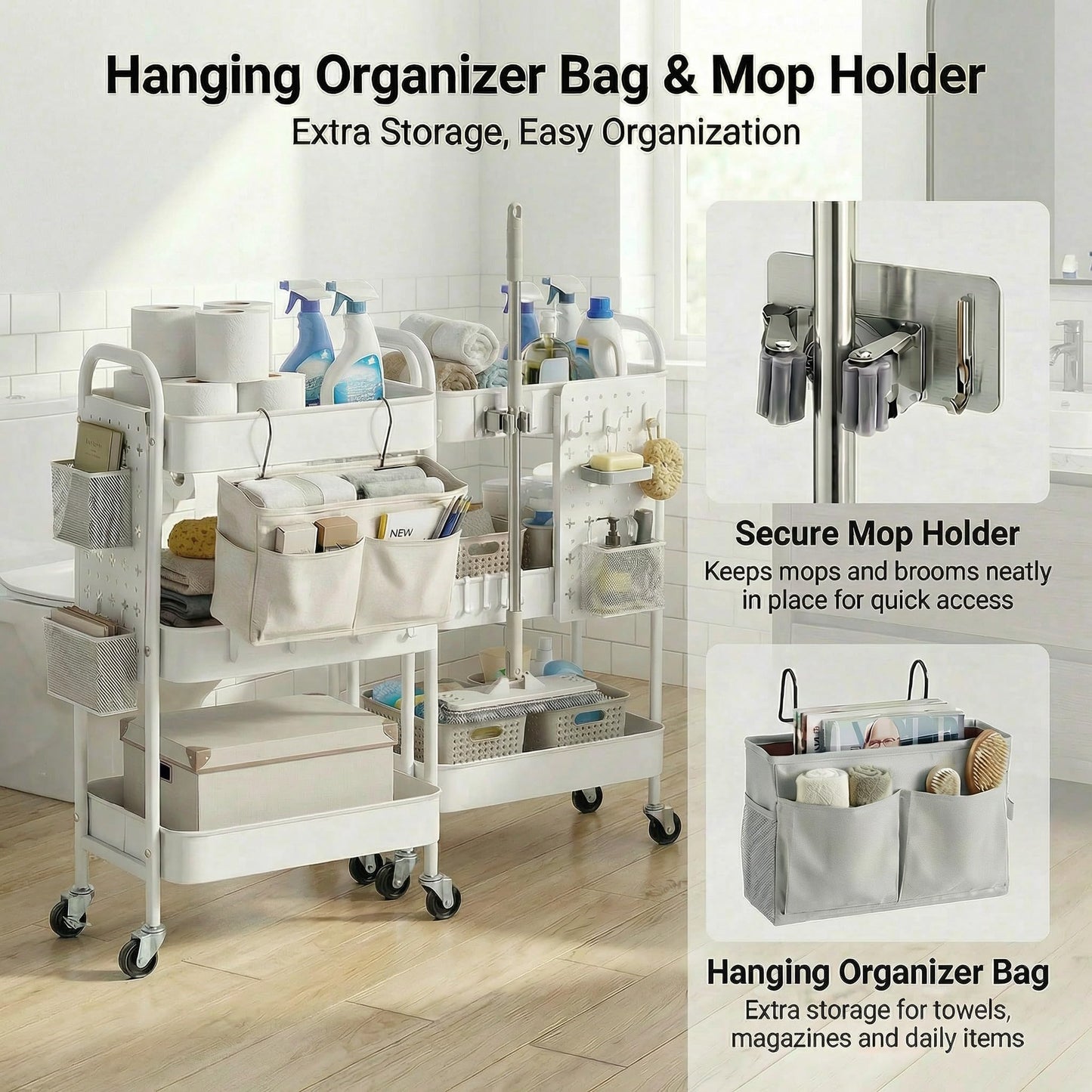YanKiTour 3 Tier Rolling Cart with DIY Pegboards & Mop Holder, Metal Utility Cart with Wheels, Hooks and Bins, Storage Organizer for Bathroom, Laundry, Kitchen, Office, Craft Room (White)