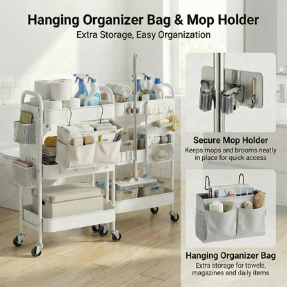 YanKiTour 3 Tier Rolling Cart with DIY Pegboards & Mop Holder, Metal Utility Cart with Wheels, Hooks and Bins, Storage Organizer for Bathroom, Laundry, Kitchen, Office, Craft Room (White)