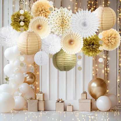 White Gold Party Decorations Tissue Pom Poms Paper Lanterns Hanging Paper Fan Honeycomb Christmas Wedding Engagement Bachelorette Neutral Birthday Baby Bridal Shower Decoration